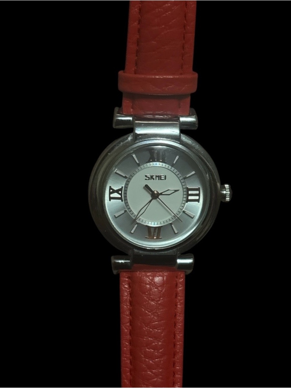 SKMEI Red Leather Strap Silver Dial Watch